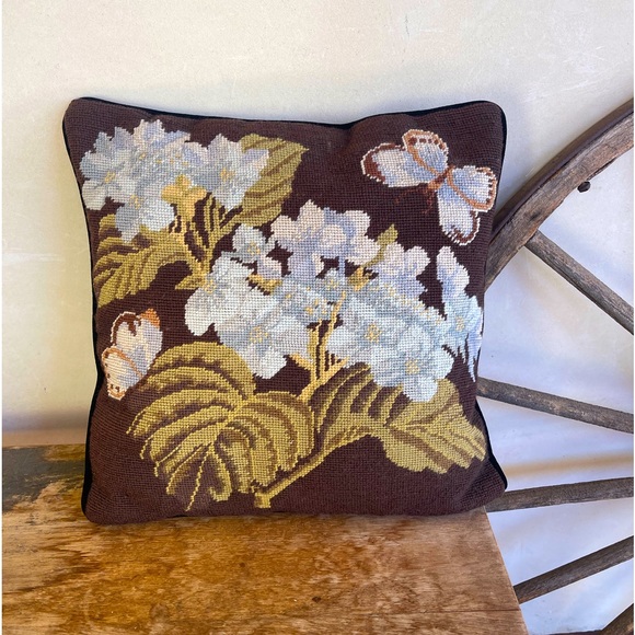 NEEDLEPOINT PILLOW Beautiful Vintage Handmade 15” Square Floral Butterfly Velvet - Picture 10 of 10